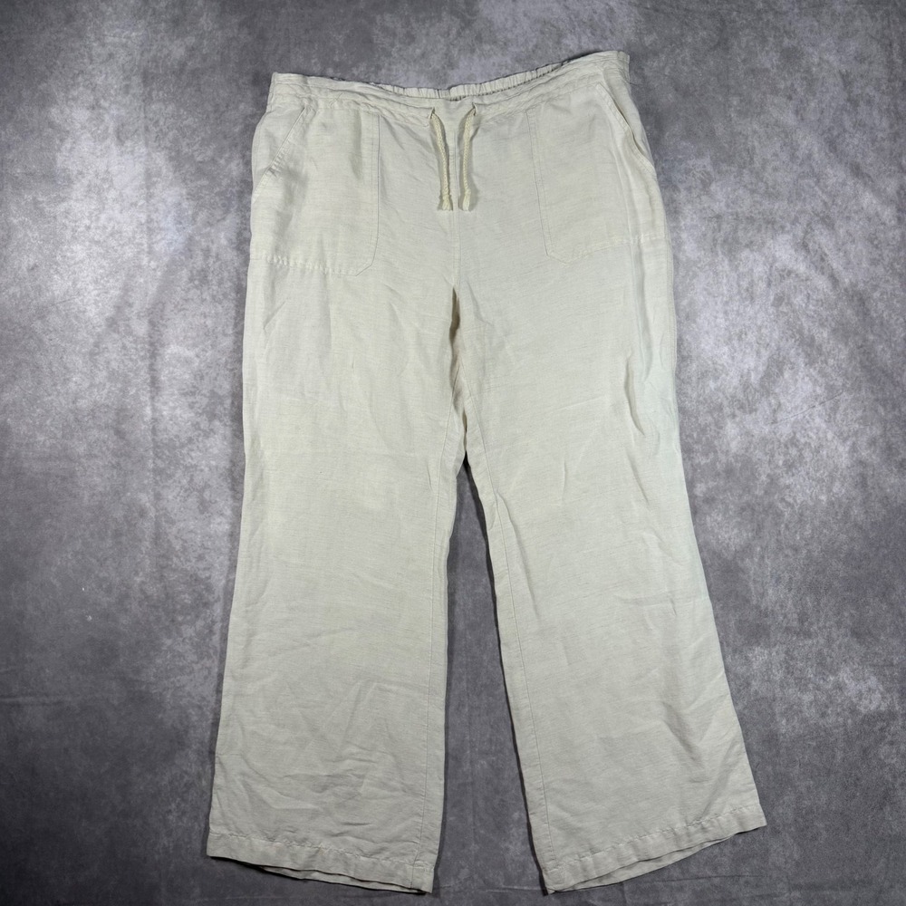 Womens Cream Linen Blend Wide Leg Drawstring Pants Large Lagenlook Casual Boho